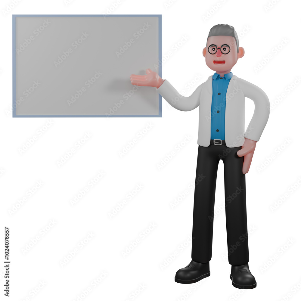 3D Cartoon Physics Specialist . A male physicist stands next to a presentation board pointing at the board with his left hand. Electromagnetism Research Scene 3D Cartoon Physics Specialist . A male physicist stands next to a presentation board pointing at the board with his left hand. Electromagnetism Research Scene
