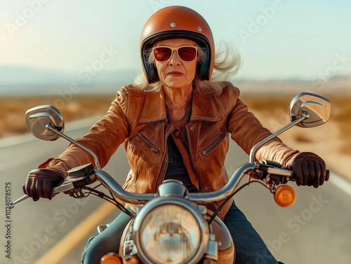 Elderly woman with helmet and leather jacket confidently riding motorcycle down a vast desert highway under clear skies photo