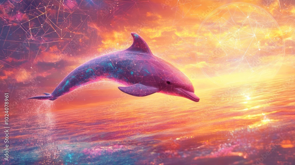 Fototapeta premium illustration of a quantum dolphin, depicted in vibrant colors that swirl and blend into each other,