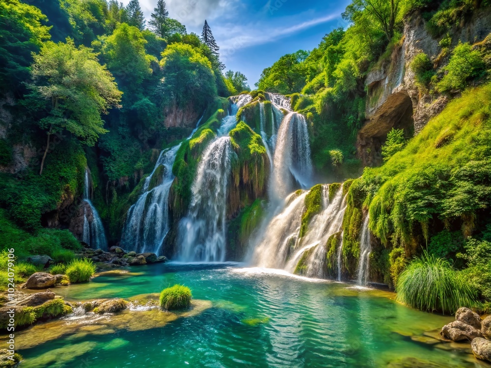 Breathtaking Summer Cascata del Sasso Waterfall in Marche Region, Italy Surrounded by Lush Greenery and Nature's Beauty Breathtaking Summer Cascata del Sasso Waterfall in Marche Region, Italy Surrounded by Lush Greenery and Nature's Beauty