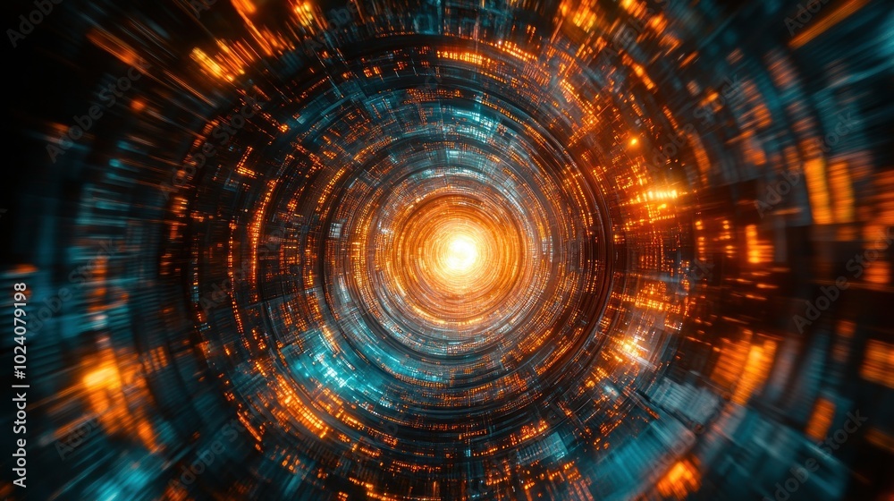 Abstract futuristic tunnel with glowing orange and blue lights. Abstract futuristic tunnel with glowing orange and blue lights.