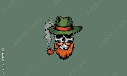 Skull with beard, pipe, and green hat.