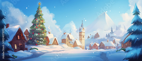 Snowy Village Christmas Scene With Decorated Tree