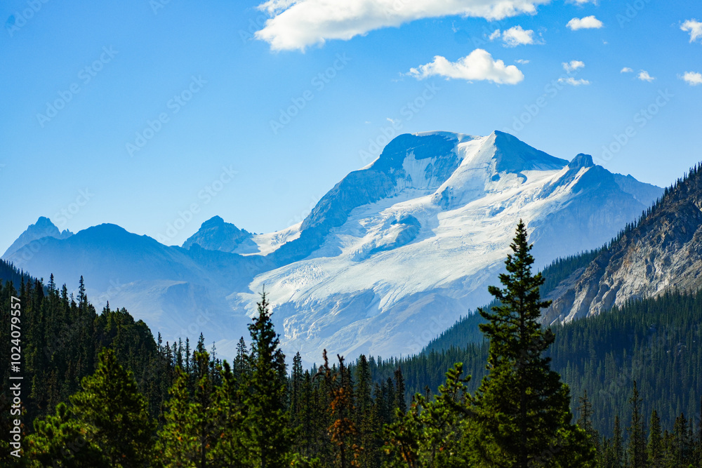 Mount Athabasca covered with snow in summer, seen from the Icefields Parkway between Banff and Jasper in Alberta, Canada