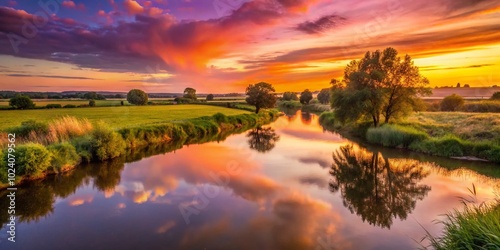 Breathtaking sunset panorama of River Nene near Warmington, Northants, featuring a beautiful bokeh effect that enhances the serene beauty of the photo