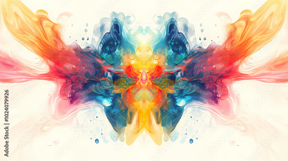 Symmetrical fractal geometries with vibrant hues, creating detailed abstract art on a clean white background. Psychedelic Art. Illustration