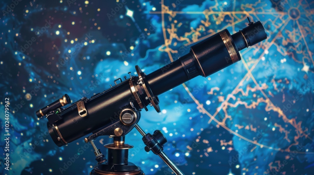 Telescope with a star map, vibrant constellations illuminating the night sky, a cosmic journey of exploration and wonder. Telescope with a star map, vibrant constellations illuminating the night sky, a cosmic journey of exploration and wonder.