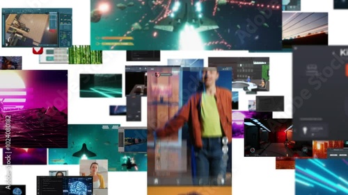 Collage of multimedia social media posts showing concept of internet trends created by influencers. Montage of social network viral videos done by content creators for their online communities