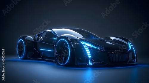 black futuristic electric car with blue light. Concept of future. 3d rendering. 