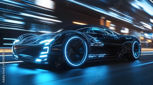 black futuristic electric car with blue light. Concept of future. 3d rendering. 