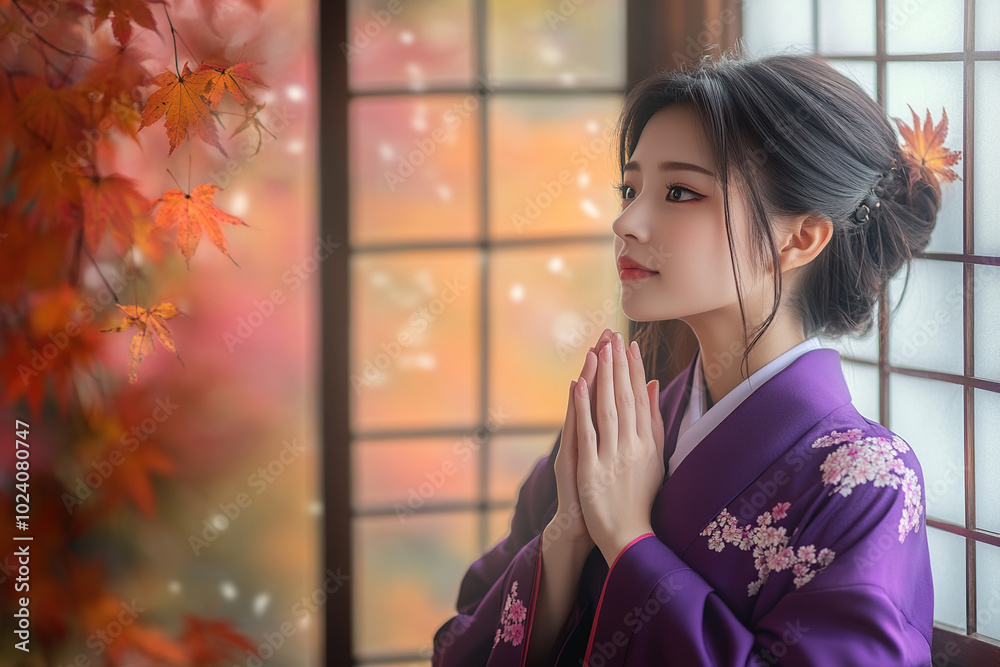 Woman in purple kimono praying by the window with autumn leaves in the background Woman in purple kimono praying by the window with autumn leaves in the background