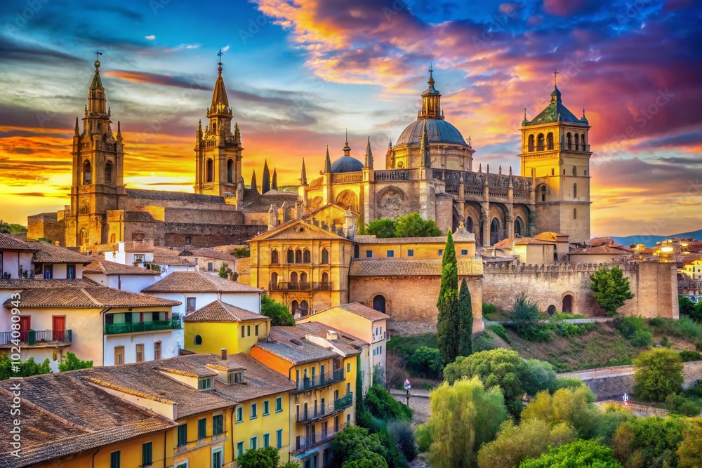 Naklejka premium Captivating Old Spanish Architecture: Historic Buildings Showcasing Timeless Beauty and Cultural Heritage in Vibrant