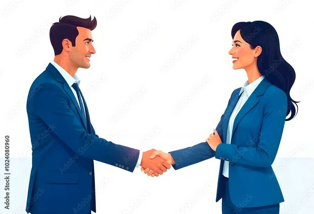 rofessional-looking vector illustration of a man and a woman in business attire shaking hands. Both are smiling, facing each other, and appear to be engaged in a formal or business-related interaction rofessional-looking vector illustration of a man and a woman in business attire shaking hands. Both are smiling, facing each other, and appear to be engaged in a formal or business-related interaction