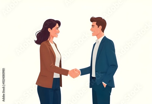 Wallpaper Mural rofessional-looking vector illustration of a man and a woman in business attire shaking hands. Both are smiling, facing each other, and appear to be engaged in a formal or business-related interaction Torontodigital.ca