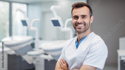 A professionally smiling dentist, confidently standing in a wellorganized dental office, has his arms crossed in a welcoming gesture