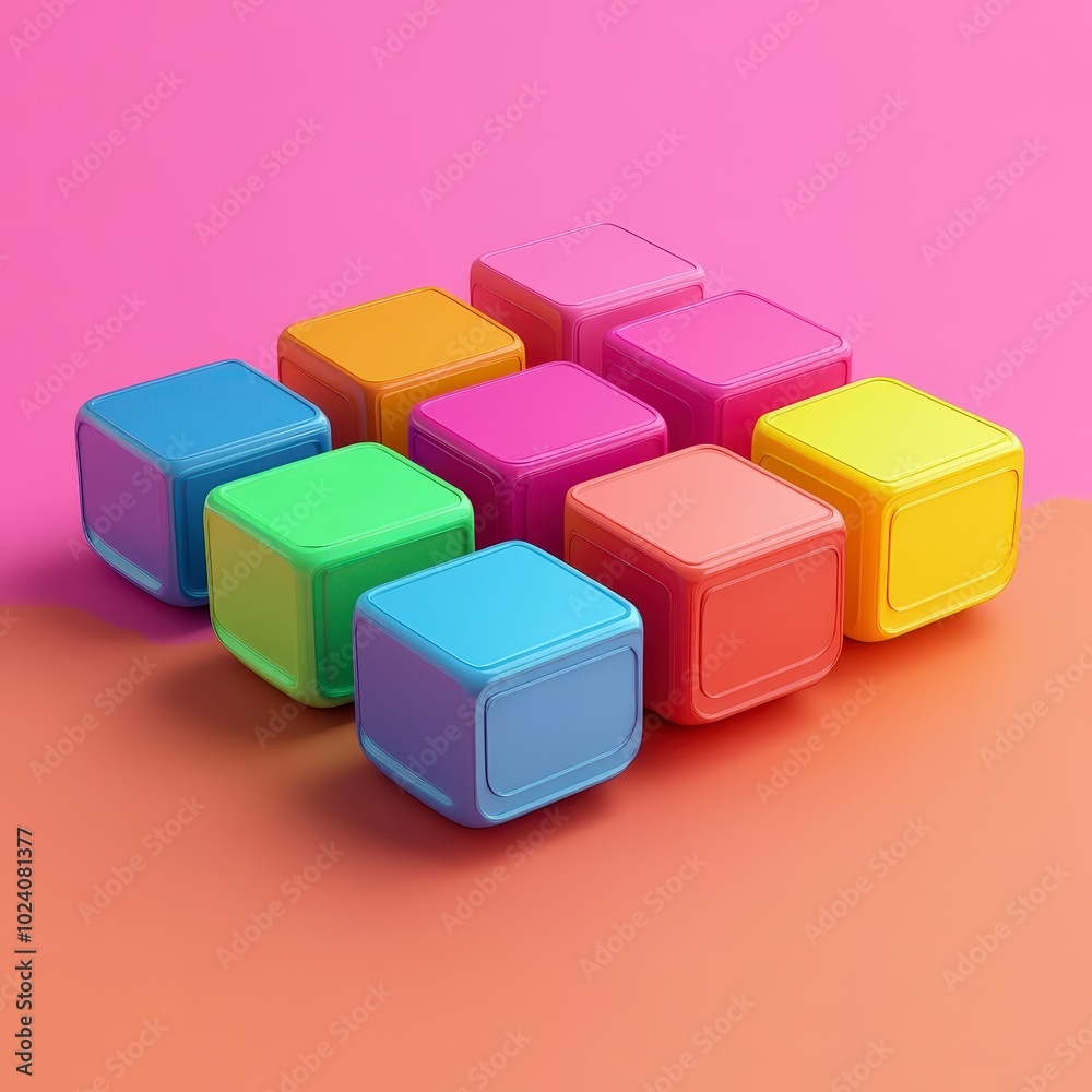 Colorful cubes arranged artistically against a vibrant pink background Colorful cubes arranged artistically against a vibrant pink background