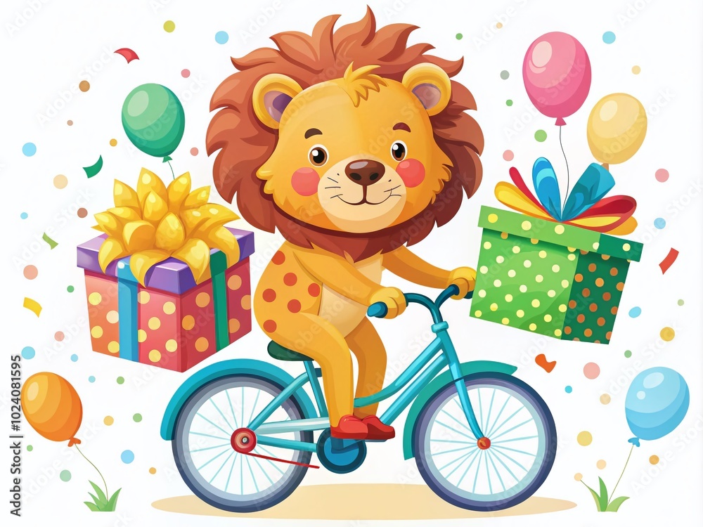 Fototapeta premium Celebrate a birthday with a charming cartoon lion riding a bike, surrounded by colorful gifts. An adorable vector card design perfect for spreading