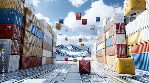 Colorful shipping containers in a scenic landscape with mountains and blue sky. photo