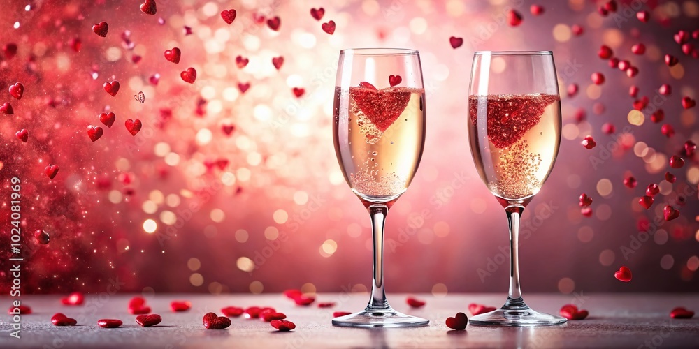 Champagne Glasses with Red Confetti Hearts on Pink Backdrop - Perfect for Celebrations Champagne Glasses with Red Confetti Hearts on Pink Backdrop - Perfect for Celebrations