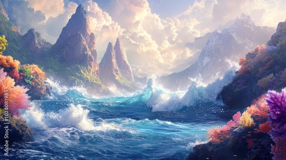 Fototapeta premium Dramatic Ocean Waves Crashing Against Lush Mountain Shores