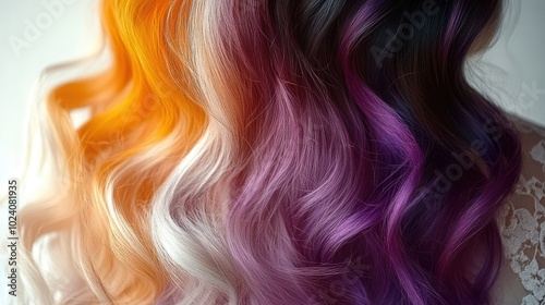 Close-up of vibrant, colorful, ombre hair with wavy texture.