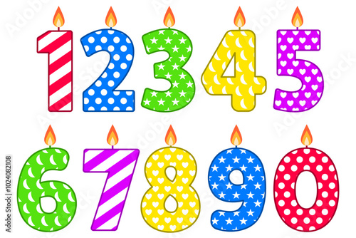These vibrant birthday candles, numbered 1-10, feature playful patterns like polka dots, stripes, stars, and hearts. Perfect for any celebration, they add a festive touch to any cakebirth day.