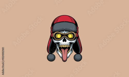 Skull with fur hat, goggles, and tongue out.