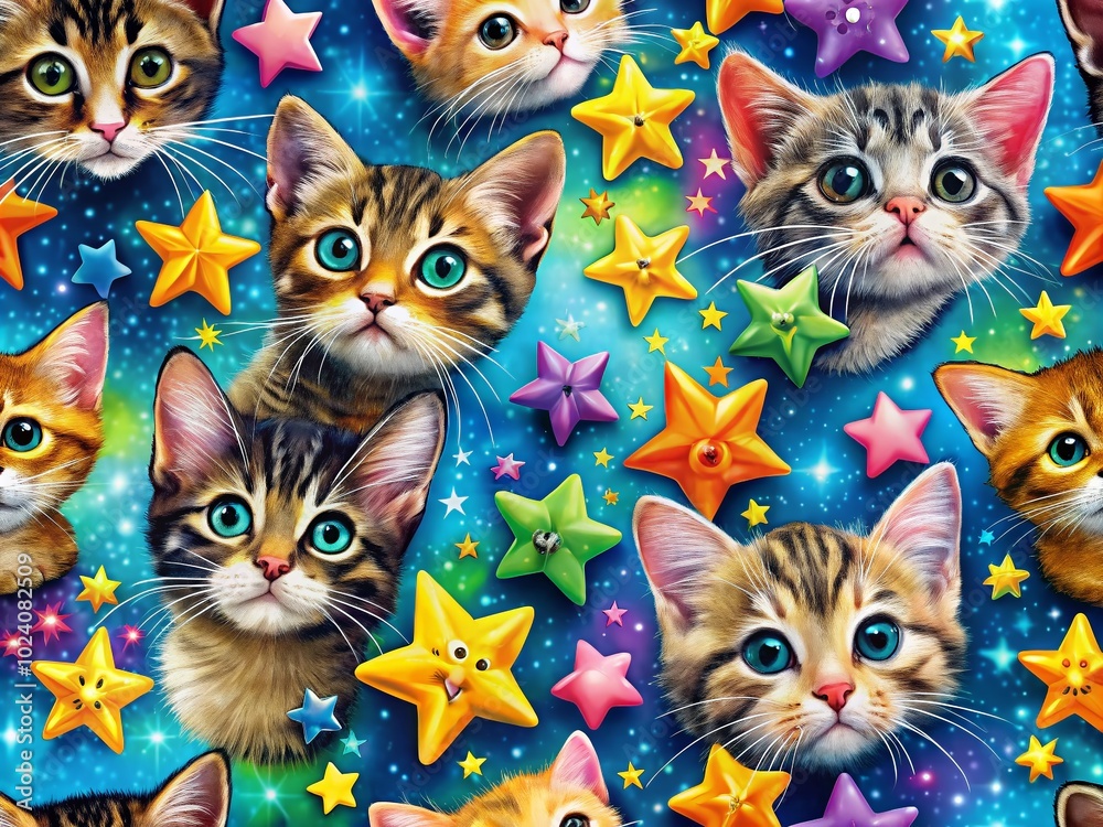 Charming star mouse kittens twinkle in a whimsical world, perfect for enchanting animal designs and vibrant