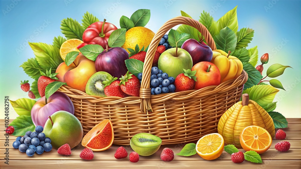 Cheerful Fruit Basket Illustration with Colorful Fruits and Green Leaves, Customizable Whimsical Design for Any