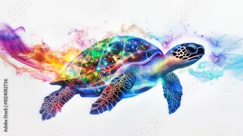 showcasing a quantum turtle with a translucent shell that reveals a galaxy of stars and cosmic elements within. photo