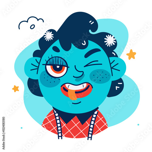 A winking woman sticker in flat style 
