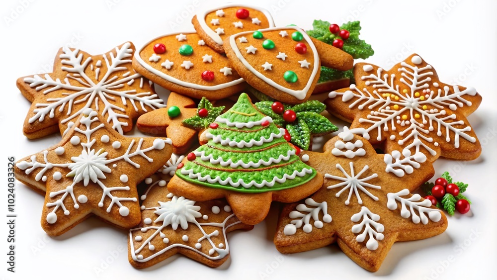 Classic Gingerbread Christmas Cookies Pattern for New Year's Eve with Festive Winter Symbols on White Isolated Classic Gingerbread Christmas Cookies Pattern for New Year's Eve with Festive Winter Symbols on White Isolated
