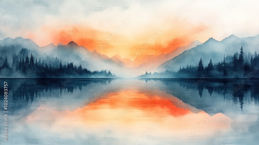 Fototapeta premium A serene landscape painting depicts a misty lake reflecting a fiery sunset over distant mountains.