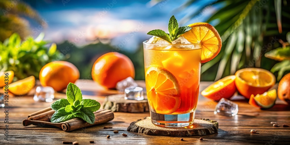 Fototapeta premium Closeup of a vibrant orange cocktail with garnish, perfect for summer drink promotions and leisure lifestyle content