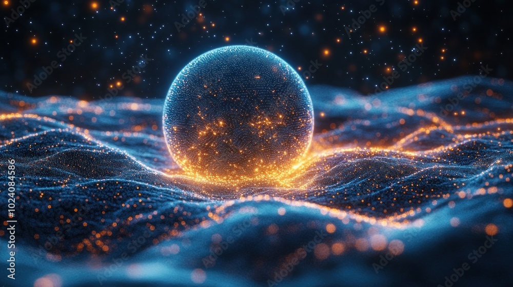 A glowing sphere rests on a field of blue and orange particles, creating a surreal and abstract scene. A glowing sphere rests on a field of blue and orange particles, creating a surreal and abstract scene.