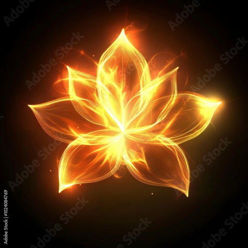 Glowing golden lotus flower with mystical and ethereal light in darkness photo