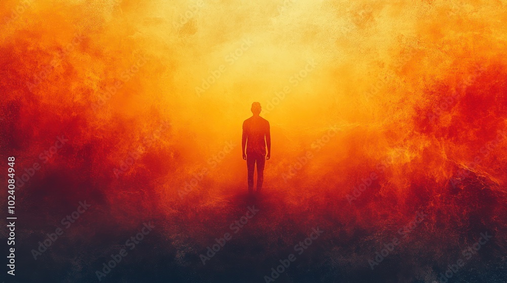 A solitary figure walks into a bright light amidst a fiery, orange, and red cloud. A solitary figure walks into a bright light amidst a fiery, orange, and red cloud.