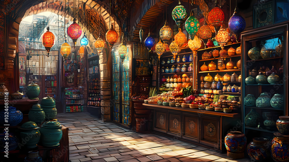 Obraz premium Traditional turkish style advertisement showcasing vibrant colors, intricate patterns, and exotic elements, turkish. Ottoman Bazaar. Illustration