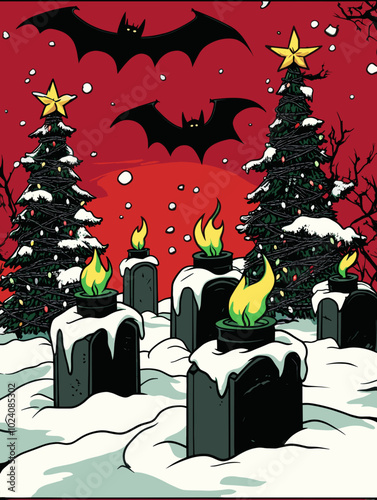 Halloween Christmas fusion featuring bats flying over snow-covered graveyard with eerie candles, dark Christmas trees, and a spooky red sky creating a unique holiday blend