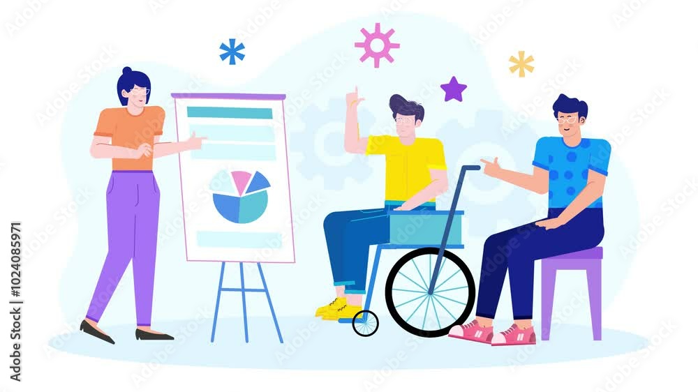 team in a collaborative meeting featuring a board presentation and a member in a wheelchair actively participating illustration animated video team in a collaborative meeting featuring a board presentation and a member in a wheelchair actively participating illustration animated video