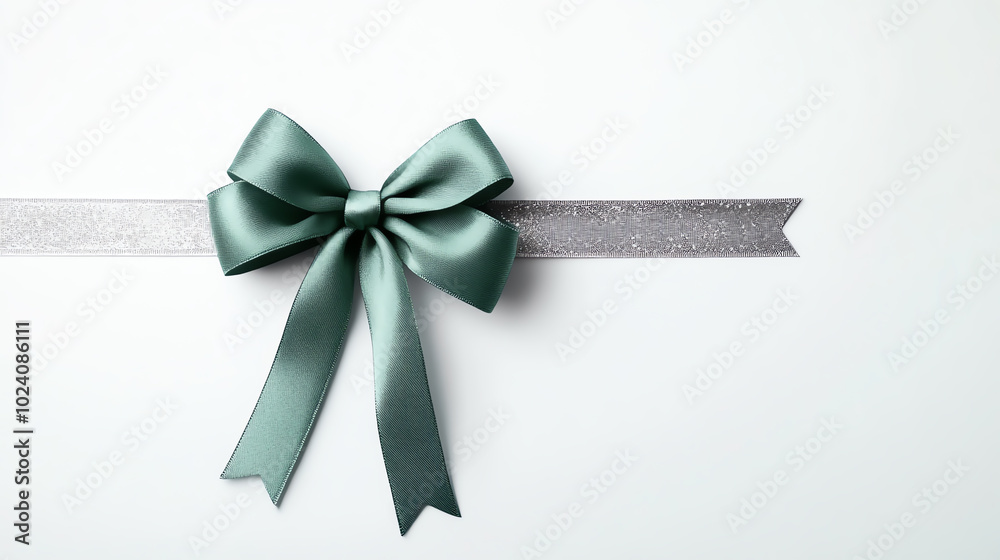Elegant green bow with a silver ribbon on a white background. Elegant green bow with a silver ribbon on a white background.