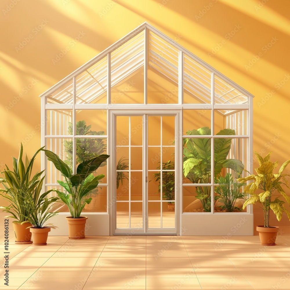 Small modern greenhouse with various plants under sunlight indoors Small modern greenhouse with various plants under sunlight indoors