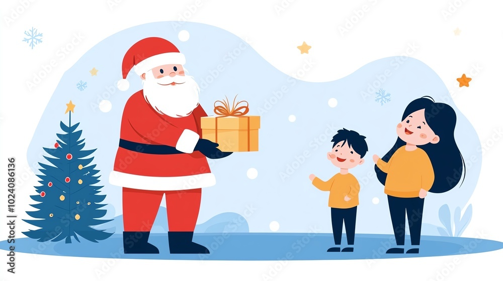 A joyful Christmas scene with Santa giving a gift to a happy child and a smiling mother with a decorated tree. A joyful Christmas scene with Santa giving a gift to a happy child and a smiling mother with a decorated tree.