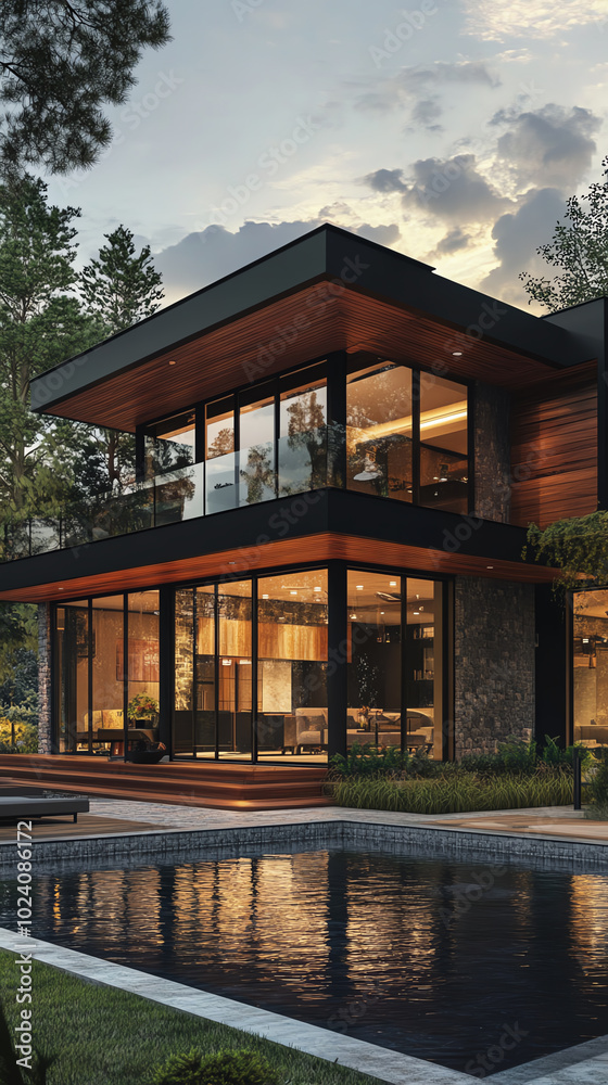 Fototapeta premium Modern house with glass facade at sunset