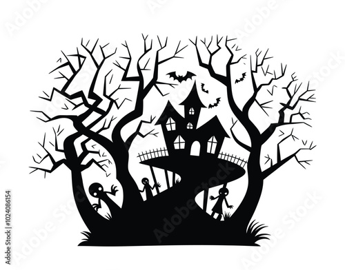 Dark forest silhouette with haunted house vector EPS template