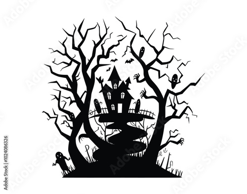 Ghostly figures in a dark forest vector EPS template