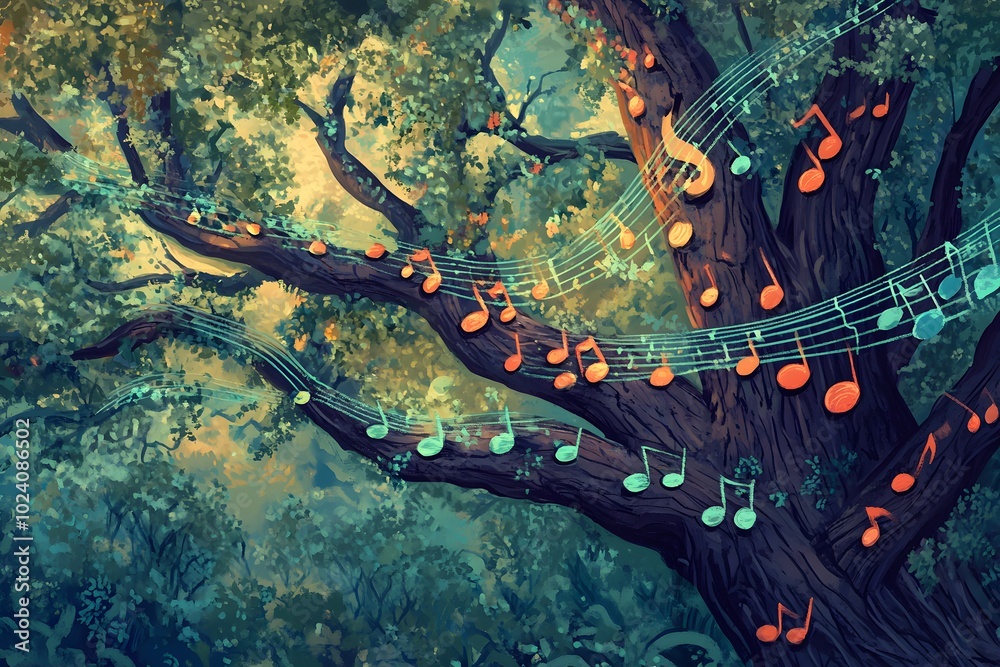Music Notes Embracing a Forest Tree Trunk Music Notes Embracing a Forest Tree Trunk