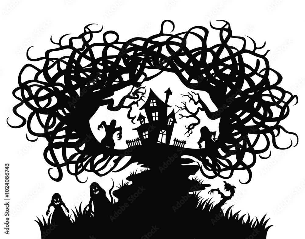 Fototapeta premium Mystical nightfall silhouetted trees and spooky manor vector EPS template