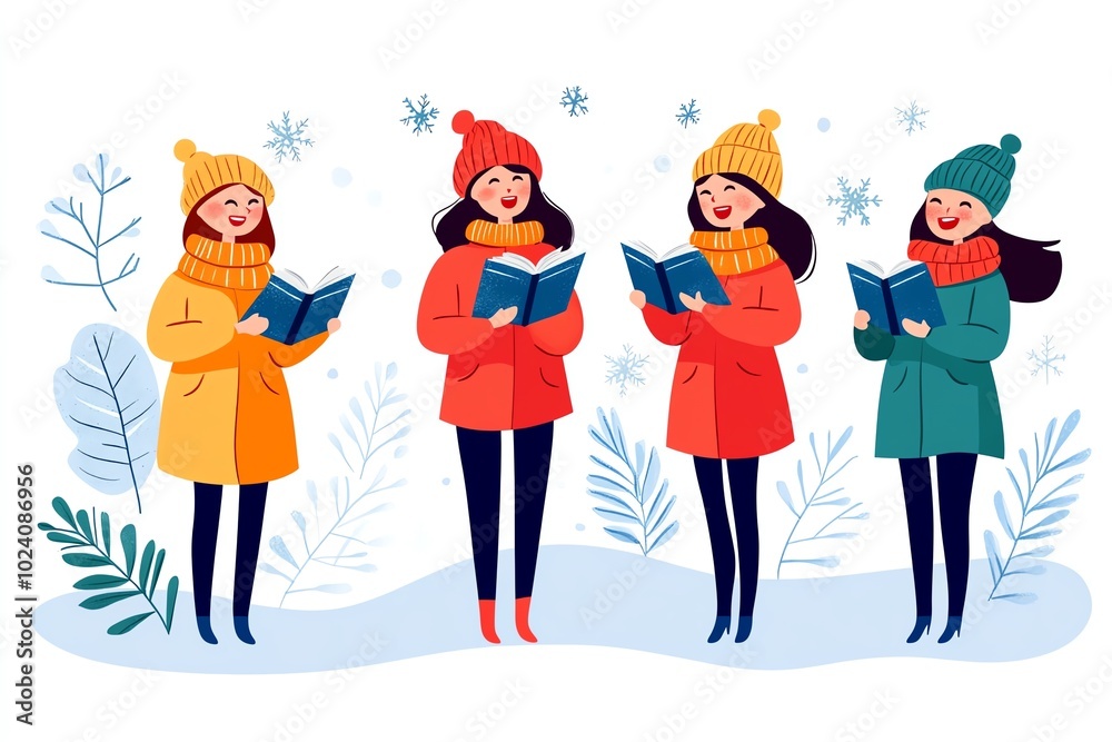 Fototapeta premium Four women joyfully reading books outdoors in winter, surrounded by snowflakes and pine branches, wearing colorful winter hats.