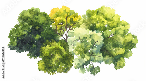 Vector tree top watercolor hand drawn view isolated on white background for landscape plan and architecture layout drawing, elements for environment and garden. Watercolor Landscape. Illustration